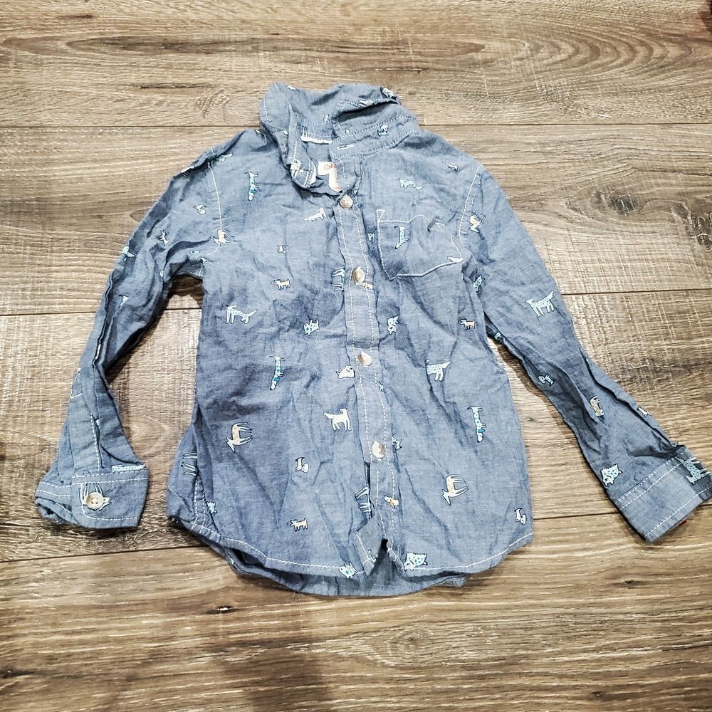 Boys Cat & Jack Button Down Shirt Size 4T Blue Shirt with Animal Design